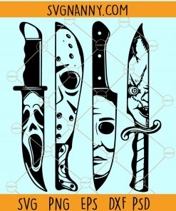 Horror movie characters in knives svg, Michael Myers svg, Jason Voorhees SVG, Friday 13th svg, Scream svg, Chucky SVG, Horror movie Halloween svg files