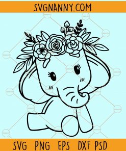 Baby elephant with flowers svg