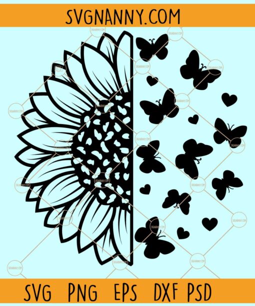 Half sunflower with butterflies SVG