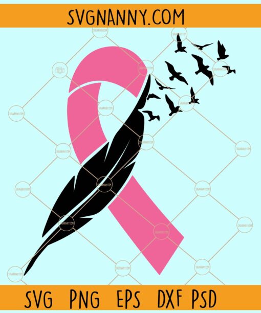 Cancer ribbon with birds SVG, Feather Cancer awareness svg, Cancer Ribbon SVG
