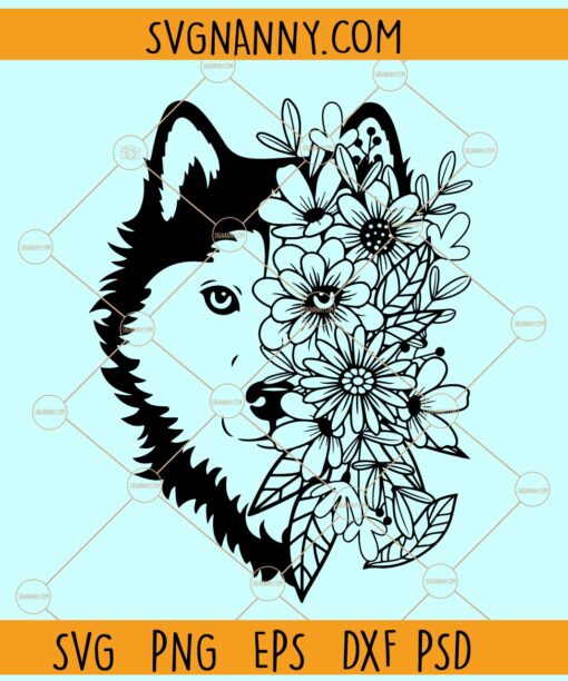 Floral Husky svg, Floral Husky head svg, Floral dog svg, Siberian husky dog breed svg
