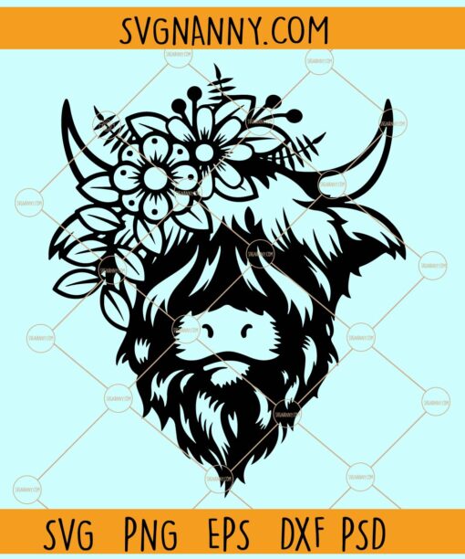 Highland Cow with Flowers SVG, Floral Highland Cow with Flowers SVG. Highland Cow Clipart svg
