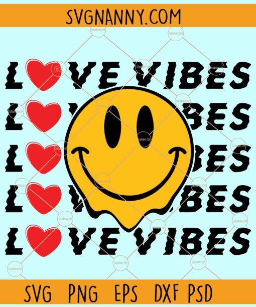 Love Vibes Smiley Wavy stacked svg, Love Vibes Svg, Valentine's Day SVG, Retro Valentines Svg