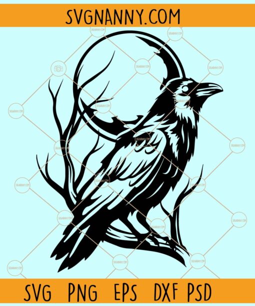 Raven on full moon SVG, Crow Clipart svg, Crow On Branch svg, Camping Birds Svg