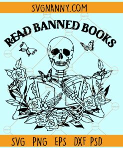 Read banned books skeleton SVG, Floral Skeleton Reading a Book Svg
