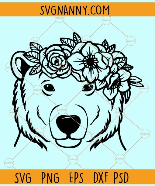 Bear head with flower crown SVG, Bear Face SVG, Bear with Flowers svg, Bear with Flowers on Head svg