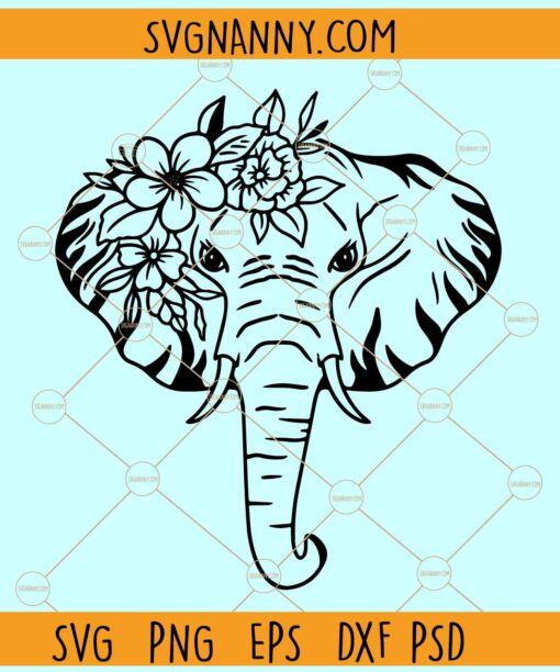 Elephant with flower crown SVG, Elephant Flowers svg, Elephant with floral crown SVG