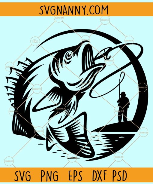Fisherman catching fish SVG, Fisherman svg, Fishing svg, Fish hook svg, Bass Fishing Svg