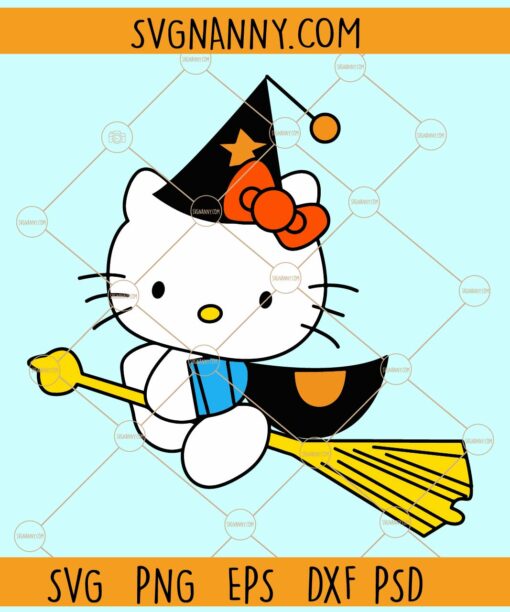 Hello kitty witch SVG, Flying Witch on broom svg, Funny Halloween svg, Halloween shirt svg