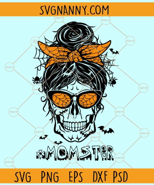 Momster Skull svg, Momster Svg, Halloween Skull svg, Messy Hair Bun Monster Svg