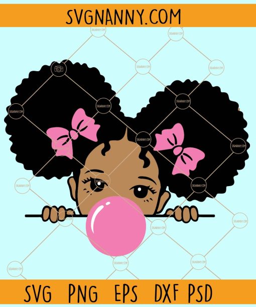 Peeking girl with bubble gum SVG, African American svg, Cute Little Girl svg