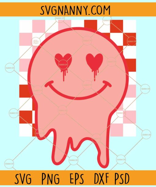 Retro Valentine Smiley Svg, Checkered background svg, Drippy smiley svg, Melting smiley svg