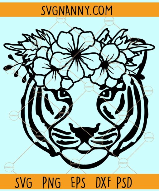 Tiger With Flower Crown svg, Tiger SVG file, Tiger with Floral Crown SVG