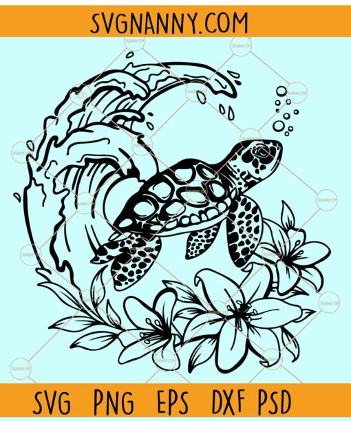 Turtle with wave SVG, Floral Turtle with wave SVG, Sea Turtle SVG, Sea Turtle PNG
