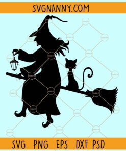 Witch and cat riding broomstick svg, Witch Silhouette svg, Halloween Witch Svg