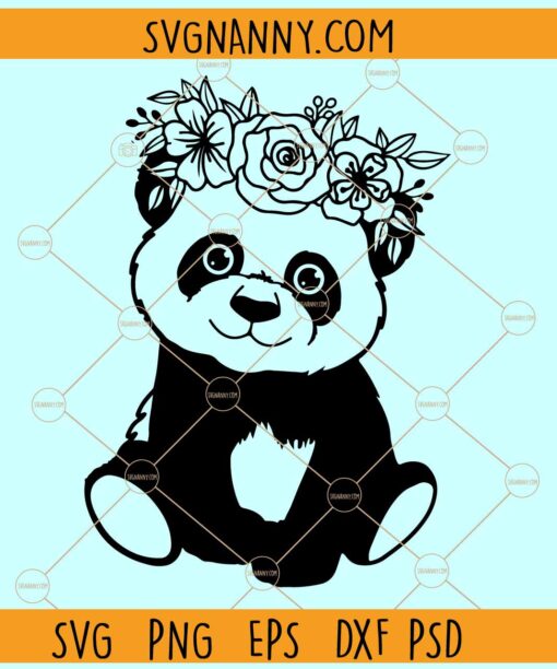 Baby Panda with flower crown SVG, Floral Panda baby svg, Floral svg