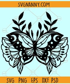 Boho Butterfly SVG with Florals and Crescent Moon svg, Celestial Boho Butterfly Svg, Magical svg