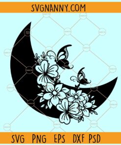 Crescent Moon with Butterfly svg, Crescent Moon SVG with Flowers and Butterflies svg