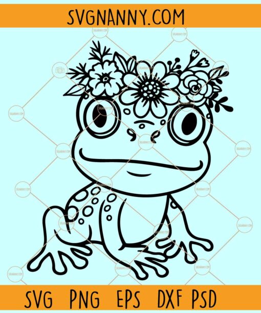 Frog with flower crown SVG, Frog with flowers SVG, Frog with floral crown SVG