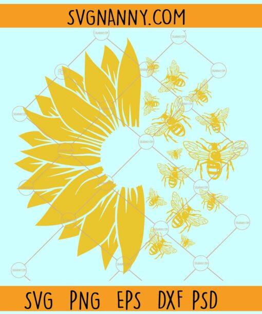 Half sunflower with bees svg, Sunflower and Bee svg, Bee and sunflower svg