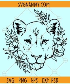Lioness head with flowers SVG, Lioness head SVG, Lion Flower Svg, Wild cat Svg