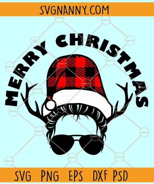 Messy bun woman christmas svg, Buffalo plaid hat svg, Deer antlers svg, Christmas svg