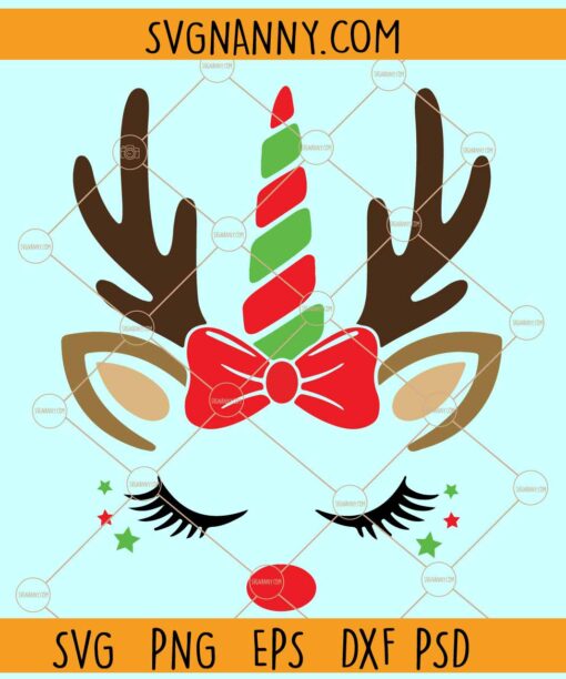 Reindeer Unicorn SVG, Reindeer Unicorn  with bow SVG, Girl Reindeer Face SVG