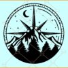 Compass with mountain forest scenery svg, Nautical compass svg, Happy camper svg