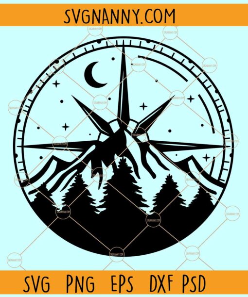 Compass with mountain forest scenery svg, Nautical compass svg, Happy camper svg