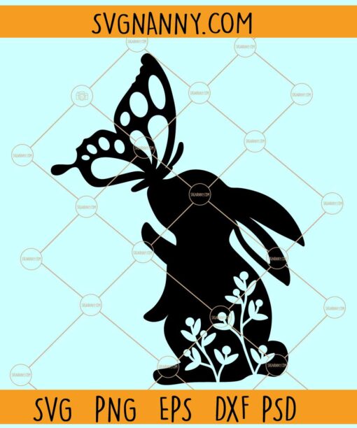Easter bunny with butterfly svg, Rabbit with Butterfly on Nose svg, Easter Bunny with Flowers svg