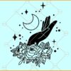 Floral witch hand with moon svg, Moon svg files svg, Celestial moon svg, Mystical moon svg