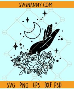 Floral witch hand with moon svg, Moon svg files svg, Celestial moon svg, Mystical moon svg