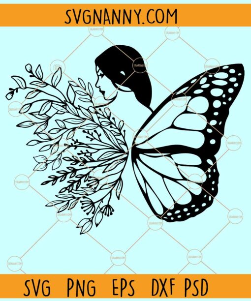 Girl with floral butterfly wings svg, Floral Woman Svg,  Butterfly Flower Svg