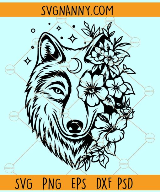 Wolf head with flowers SVG, Wolf With Flowers Svg, Floral Wolf Svg, Wolf Svg