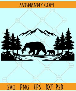 Bear and cubs mountain scene SVG, Mountain bear silhouette svg, Mother Bear mountain svg