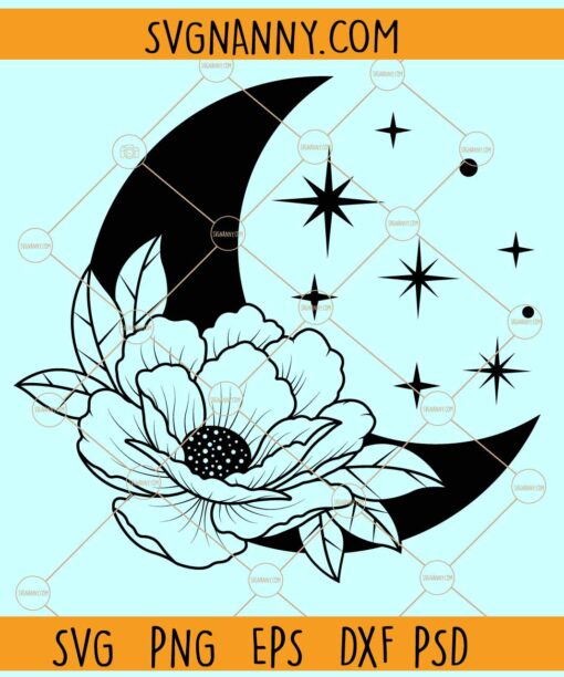 Floral moon svg, Floral Crescent moon svg, Crescent Moon Svg, Celestial Svg
