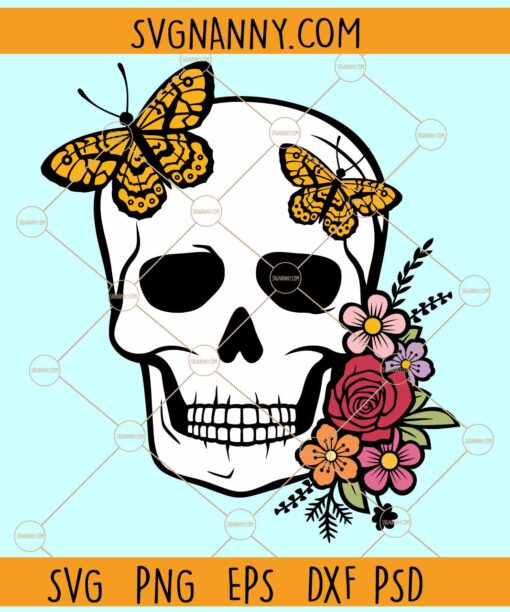 Skull with flowers and butterfly svg, Sugar Skull Svg, Flower Skull Svg, Floral Skull Svg