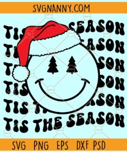 Tis the season smiley face SVG, Smiley face Santa Hat SVG, Smiley Face Christmas SVG