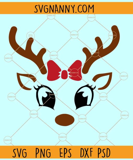 Christmas Reindeer Face SVG, girl reindeer svg, reindeer with bow SVG