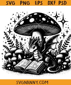 Mushroom Book dragon SVG, book lover svg, Bookish dragon SVG
