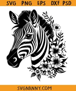 Zebra head floral SVG, flower zebra SVG, Zebra head with flowers svg, Floral animal svg