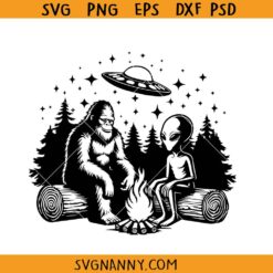 Bigfoot and Alien Sitting at a Campfire SVG, Bigfoot Alien Camping SVG, Bigfoot Alien Campfire SVG