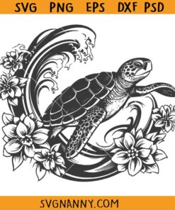 Floral sea turtle on wave SVG, Sea Turtle svg, Flower Turtle svg, Turtle in wave Clipart SVG, Turtle in wave svg, Ocean Animal svg, Turtle wall decor SVG