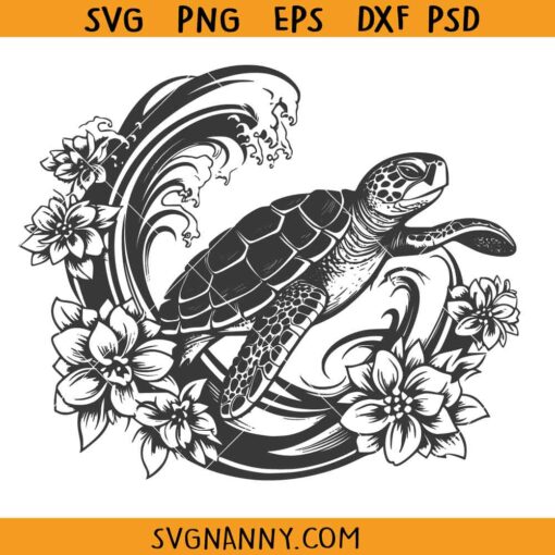 Floral sea turtle on wave SVG, Sea Turtle svg, Flower Turtle svg, Turtle in wave Clipart SVG, Turtle in wave svg, Ocean Animal svg, Turtle wall decor SVG