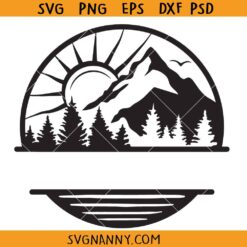 Mountain sun lake and forest monogram SVG, Outdoors svg, camping name frame SVG, Forest Split Name Frame SVG
