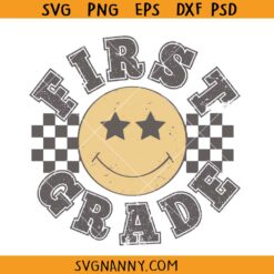 Retro first grade checkered smiley svg, Retro first grade smiley svg, First Grade SVG, Back To School SVG, First Grade Smiley SVG, First Grade Shirt SVG