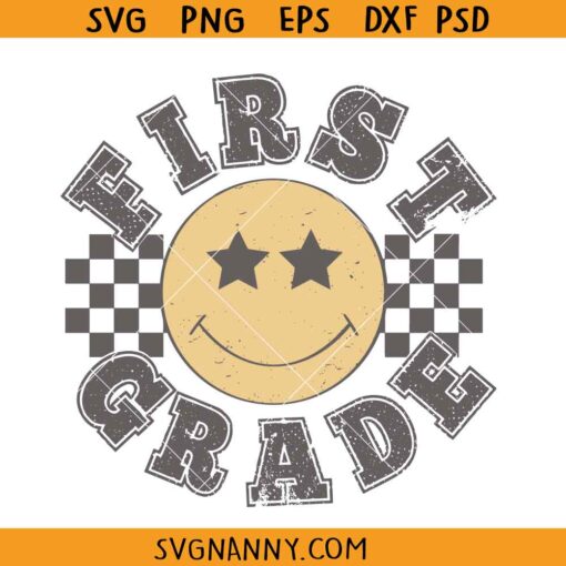 Retro first grade checkered smiley svg, Retro first grade smiley svg, First Grade SVG, Back To School SVG, First Grade Smiley SVG, First Grade Shirt SVG