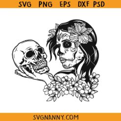 Sugar skull woman holding skull SVG, Girl Halloween Svg, Sugar Skull Girl SVG, Sugar Skull svg, Sugar Skull Shirt SVG, Day of the dead Svg, girl skull silhouette SVG
