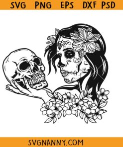 Sugar skull woman holding skull SVG, Girl Halloween Svg, Sugar Skull Girl SVG, Sugar Skull svg, Sugar Skull Shirt SVG, Day of the dead Svg, girl skull silhouette SVG