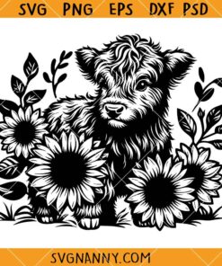Baby highland cow with sunflowers SVG, Floral Highland Cow SVG, Cow Svg, Cute Cow Svg  